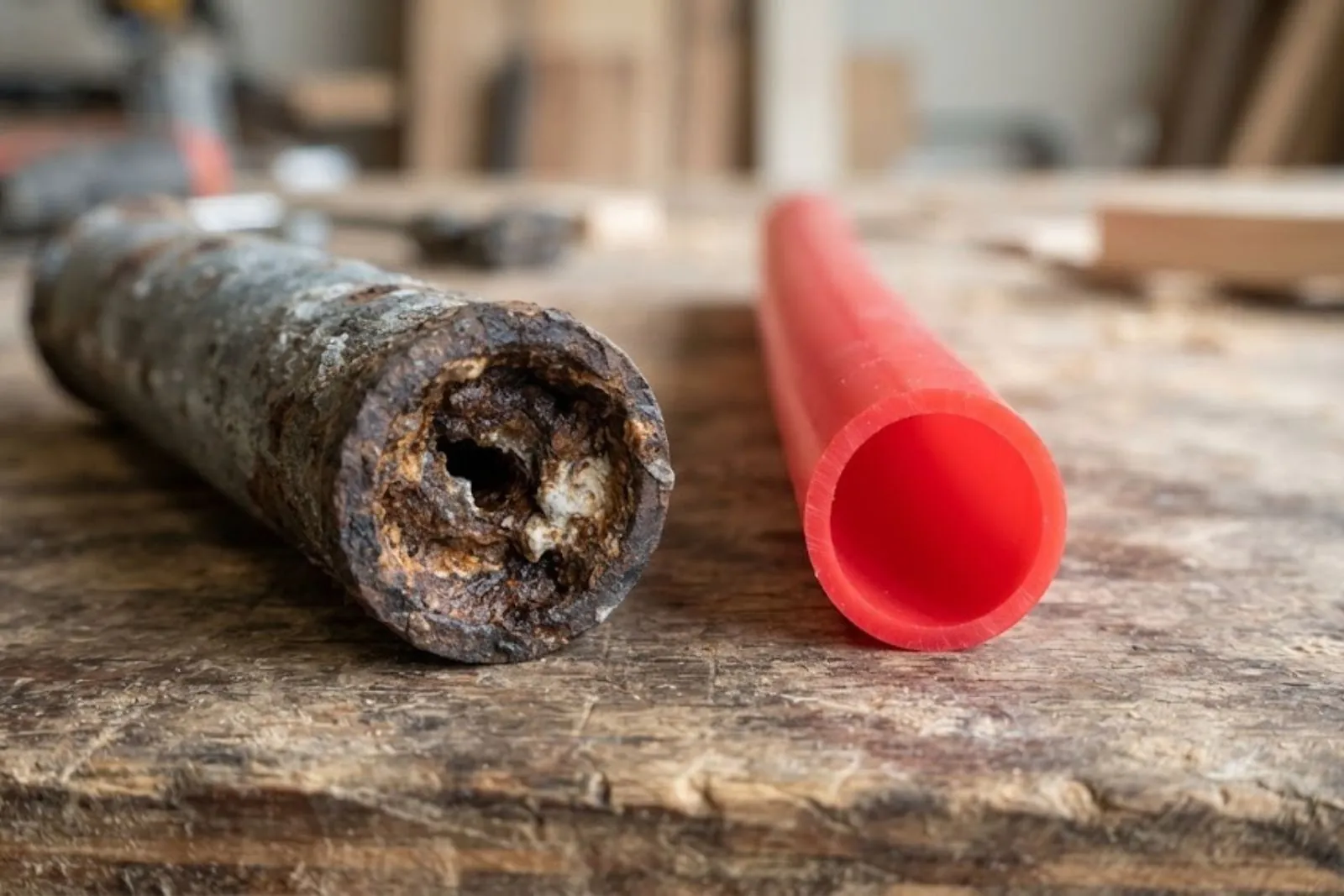 Corroded galvanized pipe section compared with new PEX from an Englewood repipe