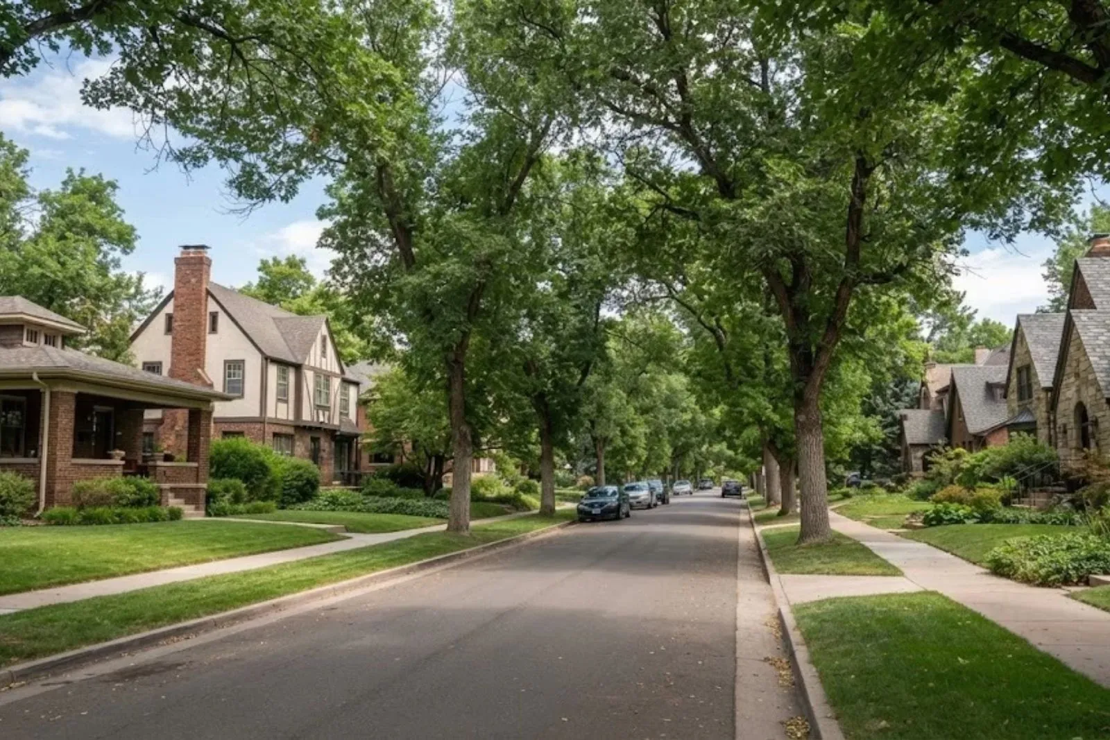 Bungalows on a tree-lined street in University Park, Denver